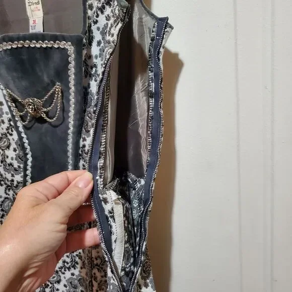 Vintage Rose Dirndl Metallic Floral Paisley Sleeveless Maxi Dress Gown Bridgeton